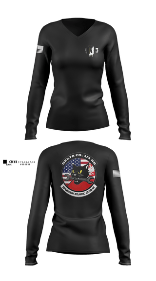 Womens Long Sleeve Vneck Shirt, Delta Co. 1-3 Attack Battalion, Army, Teamtime, Team time, sublimation, custom sports apparel, team uniforms, spirit wear, spiritwear, sports uniforms, custom shirts, team store, custom team store, fundraiser sports, apparel fundraiser