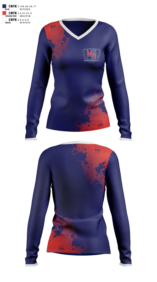 Womens Long Sleeve Vneck Shirt, MB Sports Academy, Golf, Teamtime, Team time, sublimation, custom sports apparel, team uniforms, spirit wear, spiritwear, sports uniforms, custom shirts, team store, custom team store, fundraiser sports, apparel fundraiser