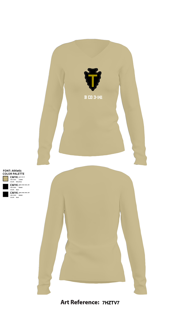 Womens Long Sleeve Vneck Shirt, B CO 3-141, Army, Teamtime, Team time, sublimation, custom sports apparel, team uniforms, spirit wear, spiritwear, sports uniforms, custom shirts, team store, custom team store, fundraiser sports, apparel fundraiser