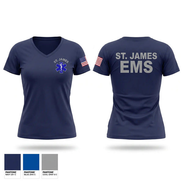 Womens Short Sleeve Vneck Shirt, St. James EMS, EMS/EMT, Teamtime, Team time, sublimation, custom sports apparel, team uniforms, spirit wear, spiritwear, sports uniforms, custom shirts, team store, custom team store, fundraiser sports, apparel fundraiser