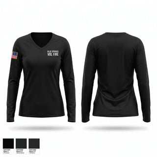 Womens Long Sleeve Vneck Shirt, Blue Springs Vol. Fire, Fire Department, Teamtime, Team time, sublimation, custom sports apparel, team uniforms, spirit wear, spiritwear, sports uniforms, custom shirts, team store, custom team store, fundraiser sports, apparel fundraiser