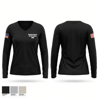Womens Long Sleeve Vneck Shirt, Okaloosa County Sheriff’s Office SRO, Police, Teamtime, Team time, sublimation, custom sports apparel, team uniforms, spirit wear, spiritwear, sports uniforms, custom shirts, team store, custom team store, fundraiser sports, apparel fundraiser