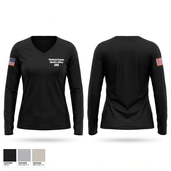 Womens Long Sleeve Vneck Shirt, Okaloosa County Sheriff’s Office SRO, Police, Teamtime, Team time, sublimation, custom sports apparel, team uniforms, spirit wear, spiritwear, sports uniforms, custom shirts, team store, custom team store, fundraiser sports, apparel fundraiser