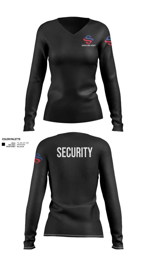 Womens Long Sleeve Vneck Shirt, Sahara Global Security, Fire Department, Teamtime, Team time, sublimation, custom sports apparel, team uniforms, spirit wear, spiritwear, sports uniforms, custom shirts, team store, custom team store, fundraiser sports, apparel fundraiser