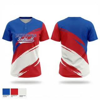 Two Button Softball Jersey, Jayhawks, Softball, Teamtime, Team time, sublimation, custom sports apparel, team uniforms, spirit wear, spiritwear, sports uniforms, custom shirts, team store, custom team store, fundraiser sports, apparel fundraiser