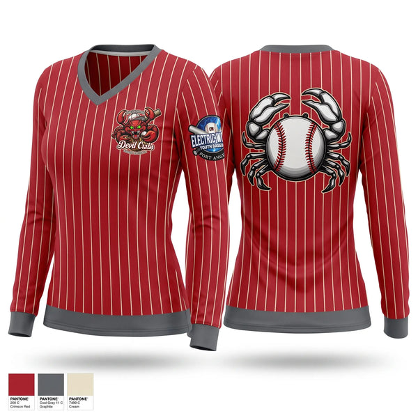 Womens Long Sleeve Vneck Shirt, Devil Crabs, Baseball, Teamtime, Team time, sublimation, custom sports apparel, team uniforms, spirit wear, spiritwear, sports uniforms, custom shirts, team store, custom team store, fundraiser sports, apparel fundraiser