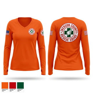 Womens Long Sleeve Vneck Shirt, Jackson County Rescue Squad, EMS/EMT, Teamtime, Team time, sublimation, custom sports apparel, team uniforms, spirit wear, spiritwear, sports uniforms, custom shirts, team store, custom team store, fundraiser sports, apparel fundraiser