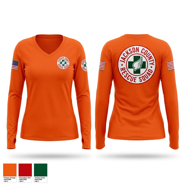 Womens Long Sleeve Vneck Shirt, Jackson County Rescue Squad, EMS/EMT, Teamtime, Team time, sublimation, custom sports apparel, team uniforms, spirit wear, spiritwear, sports uniforms, custom shirts, team store, custom team store, fundraiser sports, apparel fundraiser