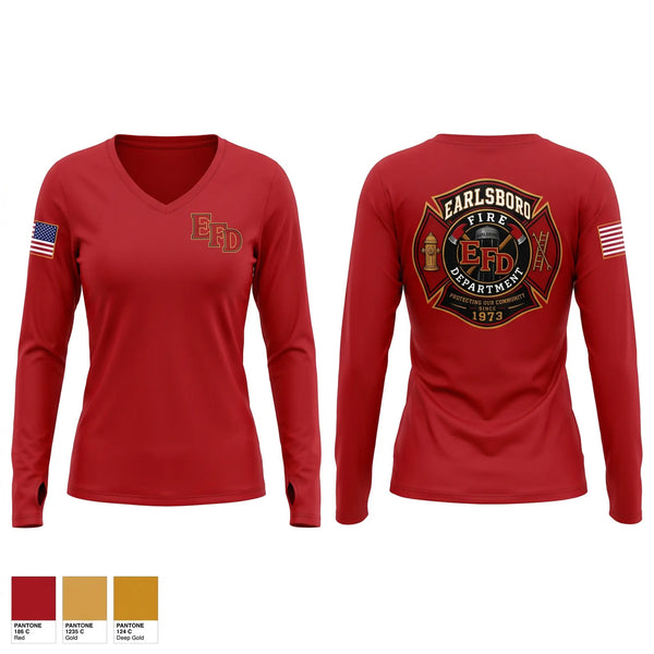 Womens Long Sleeve Vneck Shirt, Earlsboro Fire Department, Fire Department, Teamtime, Team time, sublimation, custom sports apparel, team uniforms, spirit wear, spiritwear, sports uniforms, custom shirts, team store, custom team store, fundraiser sports, apparel fundraiser
