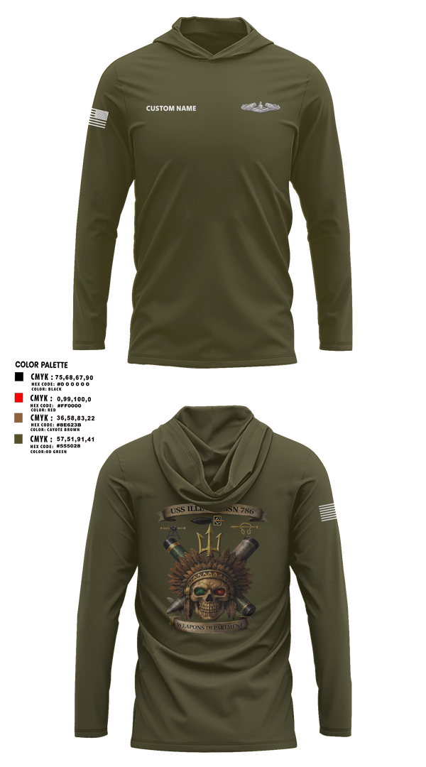 Long Sleeve Performance Shirt with hood, USS Illinois (SSN 786), , Teamtime, Team time, sublimation, custom sports apparel, team uniforms, spirit wear, spiritwear, sports uniforms, custom shirts, team store, custom team store, fundraiser sports, apparel fundraiser