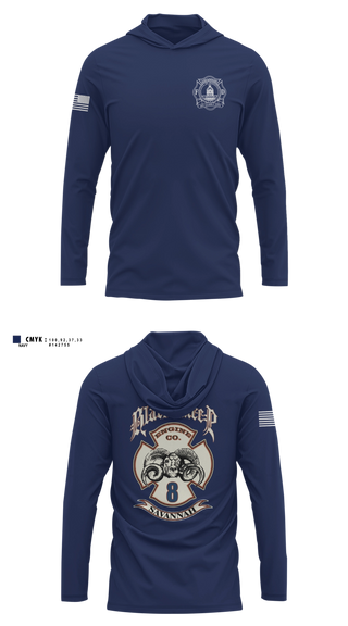 Long Sleeve hooded sunshirt, Engine 8, Fire Department, Teamtime, Team time, sublimation, custom sports apparel, team uniforms, spirit wear, spiritwear, sports uniforms, custom shirts, team store, custom team store, fundraiser sports, apparel fundraiser