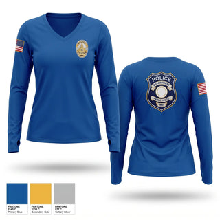 Womens Long Sleeve Vneck Shirt, Samford University Police, Police, Teamtime, Team time, sublimation, custom sports apparel, team uniforms, spirit wear, spiritwear, sports uniforms, custom shirts, team store, custom team store, fundraiser sports, apparel fundraiser