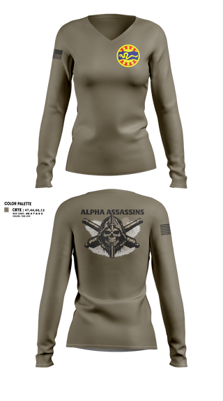 Womens Long Sleeve Vneck Shirt, 1-148 FA A Btry, National Guard, Teamtime, Team time, sublimation, custom sports apparel, team uniforms, spirit wear, spiritwear, sports uniforms, custom shirts, team store, custom team store, fundraiser sports, apparel fundraiser