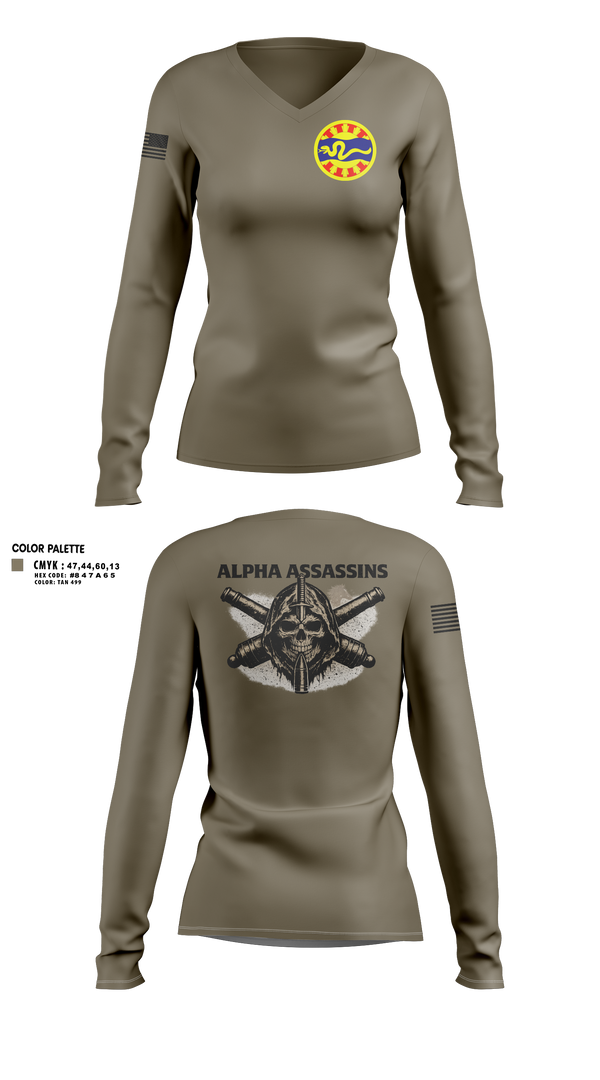Womens Long Sleeve Vneck Shirt, 1-148 FA A Btry, National Guard, Teamtime, Team time, sublimation, custom sports apparel, team uniforms, spirit wear, spiritwear, sports uniforms, custom shirts, team store, custom team store, fundraiser sports, apparel fundraiser