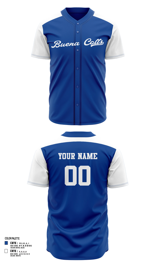 Full Button Baseball Jersey, Buena Colts, Baseball, Teamtime, Team time, sublimation, custom sports apparel, team uniforms, spirit wear, spiritwear, sports uniforms, custom shirts, team store, custom team store, fundraiser sports, apparel fundraiser