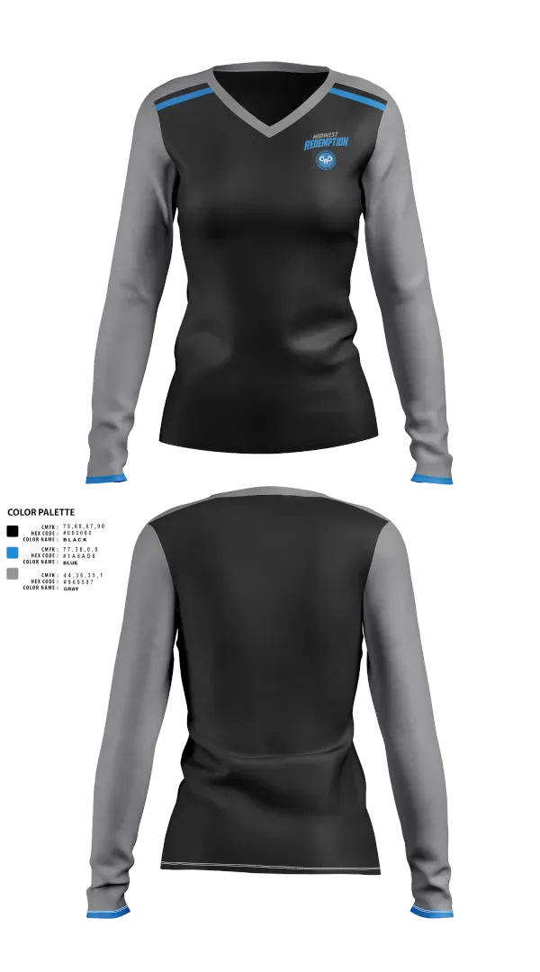 Womens Long Sleeve Vneck Shirt, Midwest Redemption, Spirit Store, Teamtime, Team time, sublimation, custom sports apparel, team uniforms, spirit wear, spiritwear, sports uniforms, custom shirts, team store, custom team store, fundraiser sports, apparel fundraiser