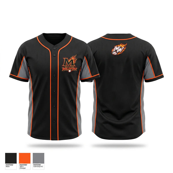 Full Button Baseball Jersey, Menifee Wildfire, Baseball, Teamtime, Team time, sublimation, custom sports apparel, team uniforms, spirit wear, spiritwear, sports uniforms, custom shirts, team store, custom team store, fundraiser sports, apparel fundraiser