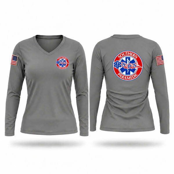 Womens Long Sleeve Vneck Shirt, Southern Paramedics Services, EMS/EMT, Teamtime, Team time, sublimation, custom sports apparel, team uniforms, spirit wear, spiritwear, sports uniforms, custom shirts, team store, custom team store, fundraiser sports, apparel fundraiser