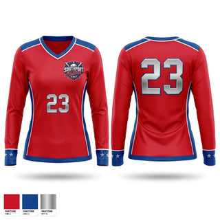 Womens Long Sleeve Vneck Shirt, Southport, Baseball, Teamtime, Team time, sublimation, custom sports apparel, team uniforms, spirit wear, spiritwear, sports uniforms, custom shirts, team store, custom team store, fundraiser sports, apparel fundraiser
