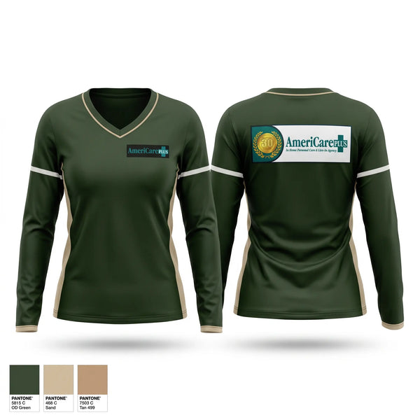 Womens Long Sleeve Vneck Shirt, Americare Plus, , Teamtime, Team time, sublimation, custom sports apparel, team uniforms, spirit wear, spiritwear, sports uniforms, custom shirts, team store, custom team store, fundraiser sports, apparel fundraiser
