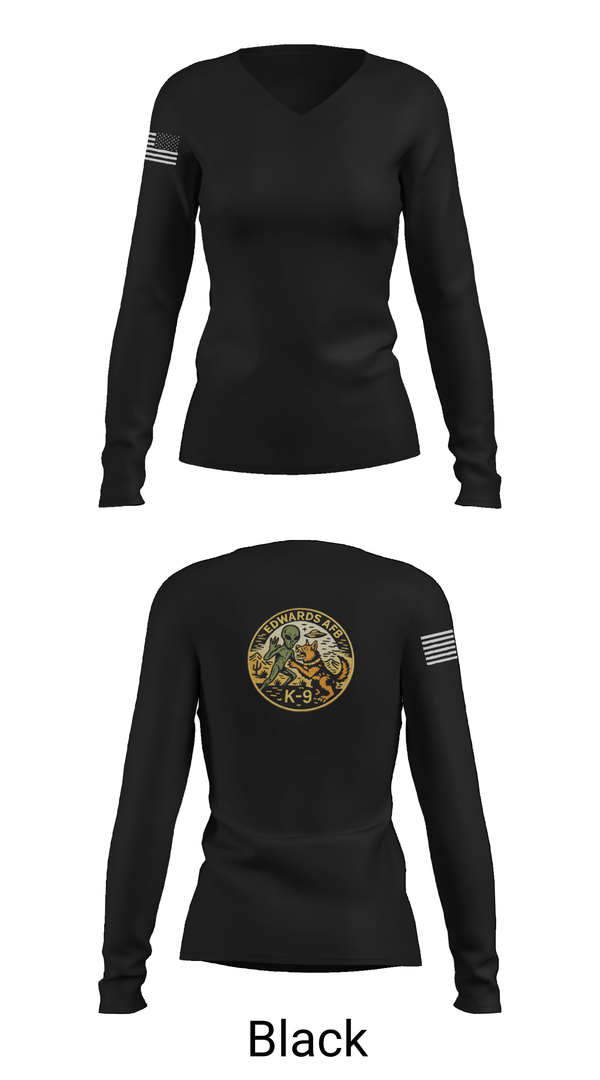 Womens Long Sleeve Vneck Shirt, 412th Military Working Dog, Air Force, Teamtime, Team time, sublimation, custom sports apparel, team uniforms, spirit wear, spiritwear, sports uniforms, custom shirts, team store, custom team store, fundraiser sports, apparel fundraiser