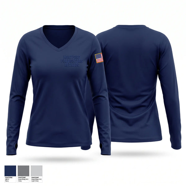Womens Long Sleeve Vneck Shirt, Hartford Firefighters Retirees, Fire Department, Teamtime, Team time, sublimation, custom sports apparel, team uniforms, spirit wear, spiritwear, sports uniforms, custom shirts, team store, custom team store, fundraiser sports, apparel fundraiser