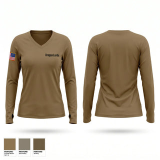 Womens Long Sleeve Vneck Shirt, DragonLords, Army, Teamtime, Team time, sublimation, custom sports apparel, team uniforms, spirit wear, spiritwear, sports uniforms, custom shirts, team store, custom team store, fundraiser sports, apparel fundraiser