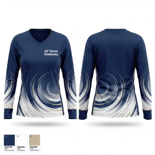 Womens Long Sleeve Vneck Shirt, GV Tennis Seahawks, Tennis, Teamtime, Team time, sublimation, custom sports apparel, team uniforms, spirit wear, spiritwear, sports uniforms, custom shirts, team store, custom team store, fundraiser sports, apparel fundraiser