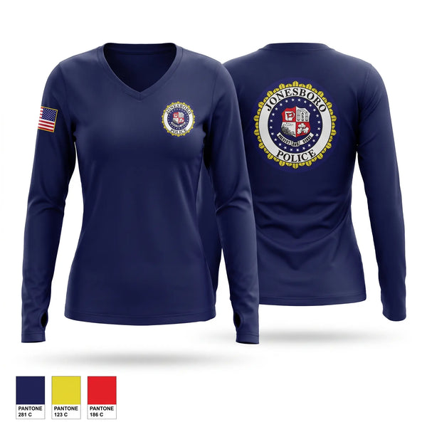 Womens Long Sleeve Vneck Shirt, Jonesboro Police Department, Police, Teamtime, Team time, sublimation, custom sports apparel, team uniforms, spirit wear, spiritwear, sports uniforms, custom shirts, team store, custom team store, fundraiser sports, apparel fundraiser