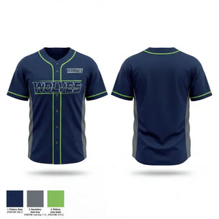 Full Button Baseball Jersey, Wolves, Baseball, Teamtime, Team time, sublimation, custom sports apparel, team uniforms, spirit wear, spiritwear, sports uniforms, custom shirts, team store, custom team store, fundraiser sports, apparel fundraiser