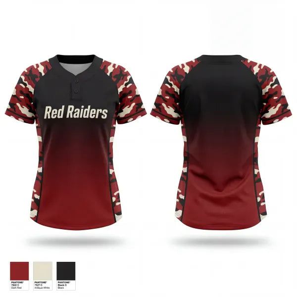 Two Button Softball Jersey, Red Raiders, Softball, Teamtime, Team time, sublimation, custom sports apparel, team uniforms, spirit wear, spiritwear, sports uniforms, custom shirts, team store, custom team store, fundraiser sports, apparel fundraiser