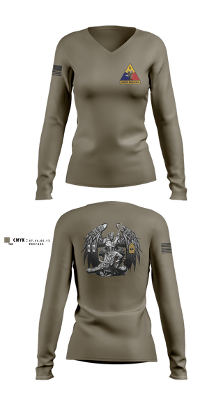 Womens Long Sleeve Vneck Shirt, HHC BDE, 1AD CAB, Army, Teamtime, Team time, sublimation, custom sports apparel, team uniforms, spirit wear, spiritwear, sports uniforms, custom shirts, team store, custom team store, fundraiser sports, apparel fundraiser