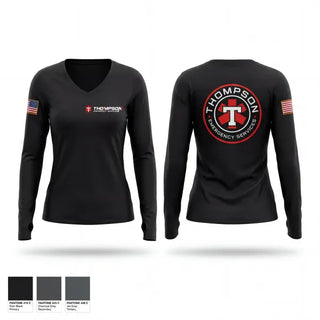 Womens Long Sleeve Vneck Shirt, Thompson EMS, Fire Department, Teamtime, Team time, sublimation, custom sports apparel, team uniforms, spirit wear, spiritwear, sports uniforms, custom shirts, team store, custom team store, fundraiser sports, apparel fundraiser