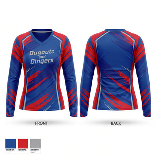 Womens Long Sleeve Vneck Shirt, Dugouts and Dingers, Baseball, Teamtime, Team time, sublimation, custom sports apparel, team uniforms, spirit wear, spiritwear, sports uniforms, custom shirts, team store, custom team store, fundraiser sports, apparel fundraiser