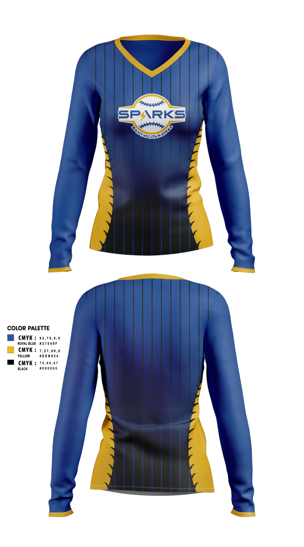 Womens Long Sleeve Vneck Shirt, Santa Clara PAL Sparks, Softball, Teamtime, Team time, sublimation, custom sports apparel, team uniforms, spirit wear, spiritwear, sports uniforms, custom shirts, team store, custom team store, fundraiser sports, apparel fundraiser