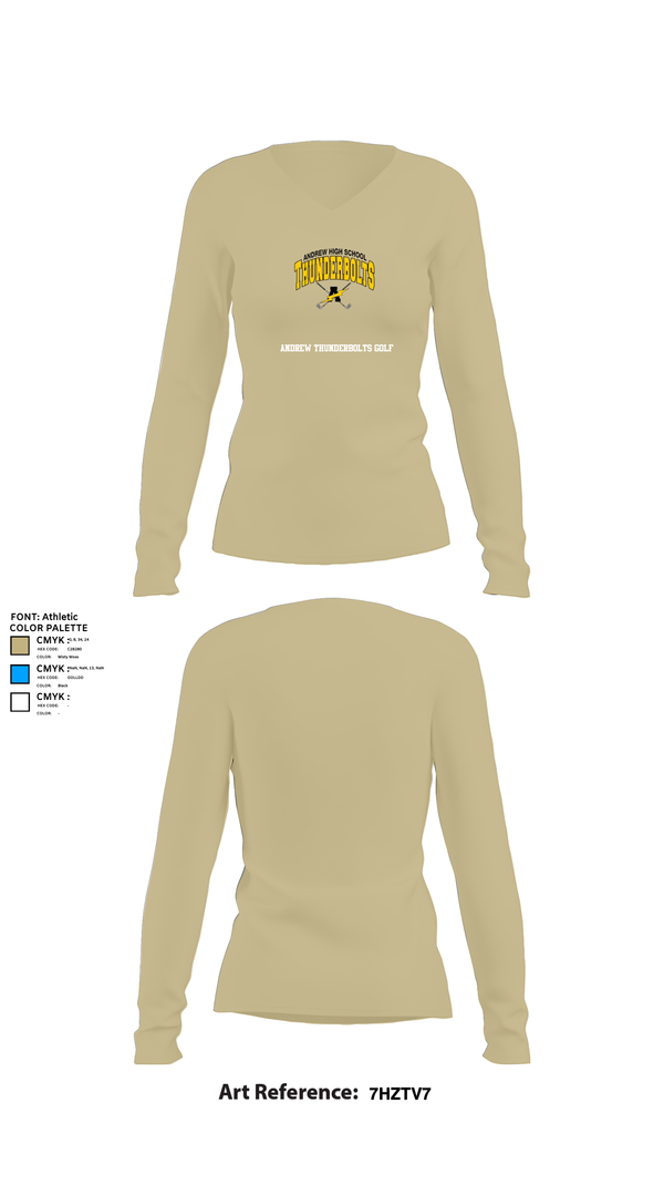 Womens Long Sleeve Vneck Shirt, Andrew Thunderbolts Golf, Golf, Teamtime, Team time, sublimation, custom sports apparel, team uniforms, spirit wear, spiritwear, sports uniforms, custom shirts, team store, custom team store, fundraiser sports, apparel fundraiser