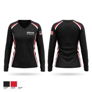 Womens Long Sleeve Vneck Shirt, Jefferson Fire Department, Fire Department, Teamtime, Team time, sublimation, custom sports apparel, team uniforms, spirit wear, spiritwear, sports uniforms, custom shirts, team store, custom team store, fundraiser sports, apparel fundraiser