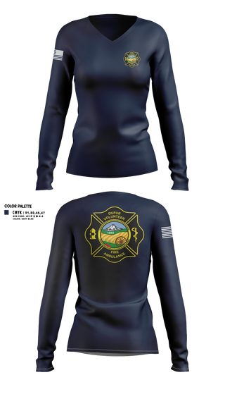 Womens Long Sleeve Vneck Shirt, Dufur Volunteer Fire and Ambulance, Fire Department, Teamtime, Team time, sublimation, custom sports apparel, team uniforms, spirit wear, spiritwear, sports uniforms, custom shirts, team store, custom team store, fundraiser sports, apparel fundraiser