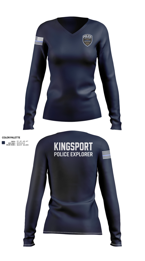 Womens Long Sleeve Vneck Shirt, Kingsport Police Explorer Post, Police, Teamtime, Team time, sublimation, custom sports apparel, team uniforms, spirit wear, spiritwear, sports uniforms, custom shirts, team store, custom team store, fundraiser sports, apparel fundraiser