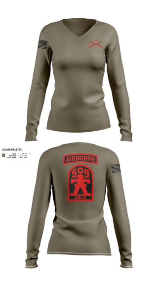 Womens Long Sleeve Vneck Shirt, 3-509th Parachute Infantry BN Able Nation, , Teamtime, Team time, sublimation, custom sports apparel, team uniforms, spirit wear, spiritwear, sports uniforms, custom shirts, team store, custom team store, fundraiser sports, apparel fundraiser