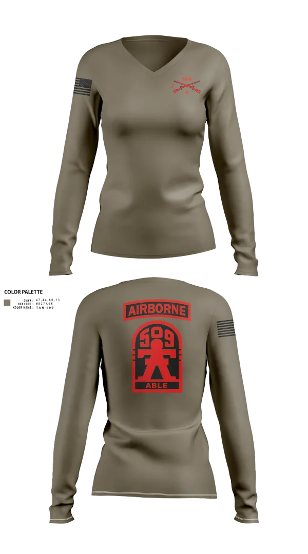 Womens Long Sleeve Vneck Shirt, 3-509th Parachute Infantry BN Able Nation, , Teamtime, Team time, sublimation, custom sports apparel, team uniforms, spirit wear, spiritwear, sports uniforms, custom shirts, team store, custom team store, fundraiser sports, apparel fundraiser