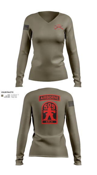 Womens Long Sleeve Vneck Shirt, 3-509th Parachute Infantry BN Able Nation, , Teamtime, Team time, sublimation, custom sports apparel, team uniforms, spirit wear, spiritwear, sports uniforms, custom shirts, team store, custom team store, fundraiser sports, apparel fundraiser