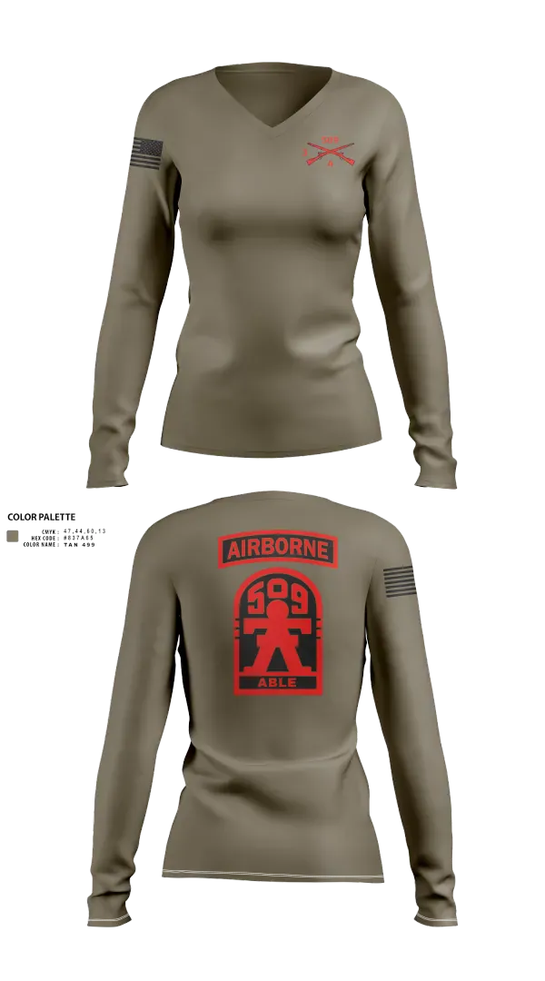 Womens Long Sleeve Vneck Shirt, 3-509th Parachute Infantry BN Able Nation, , Teamtime, Team time, sublimation, custom sports apparel, team uniforms, spirit wear, spiritwear, sports uniforms, custom shirts, team store, custom team store, fundraiser sports, apparel fundraiser