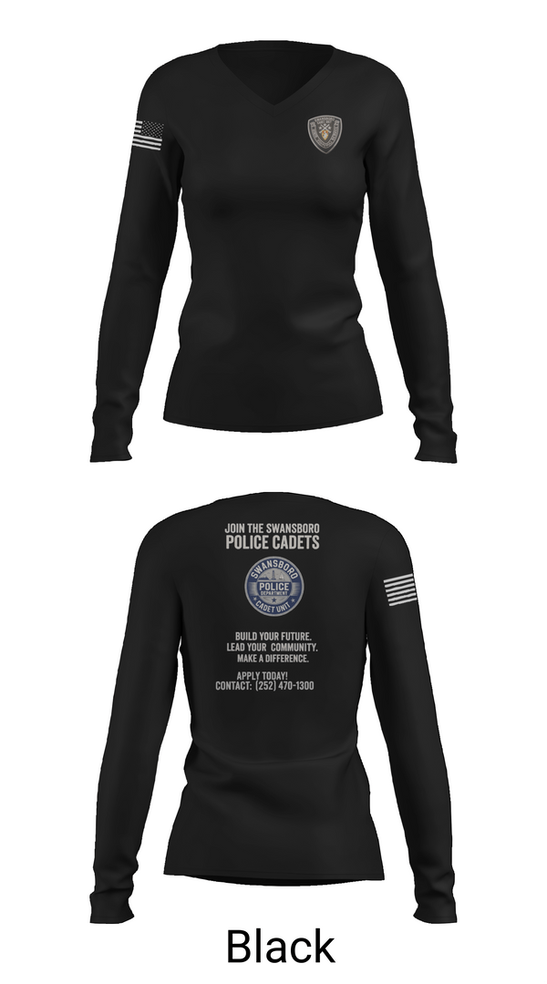 Womens Long Sleeve Vneck Shirt, Swansboro police cadets, Police, Teamtime, Team time, sublimation, custom sports apparel, team uniforms, spirit wear, spiritwear, sports uniforms, custom shirts, team store, custom team store, fundraiser sports, apparel fundraiser