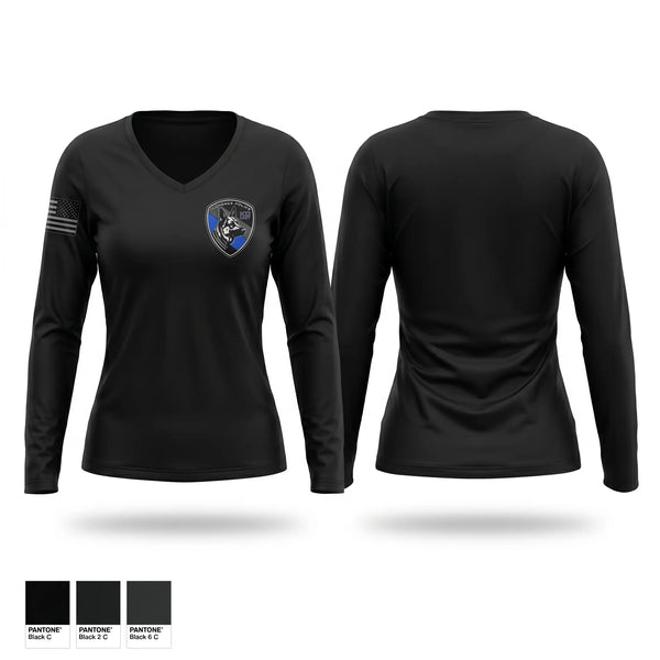 Womens Long Sleeve Vneck Shirt, Florence PD K9- Unit, Police, Teamtime, Team time, sublimation, custom sports apparel, team uniforms, spirit wear, spiritwear, sports uniforms, custom shirts, team store, custom team store, fundraiser sports, apparel fundraiser