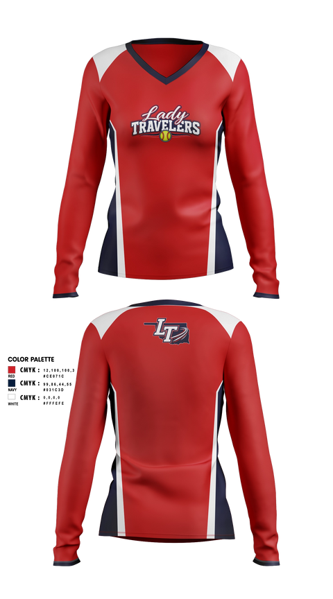 Womens Long Sleeve Vneck Shirt, Lady Travelers, Softball, Teamtime, Team time, sublimation, custom sports apparel, team uniforms, spirit wear, spiritwear, sports uniforms, custom shirts, team store, custom team store, fundraiser sports, apparel fundraiser