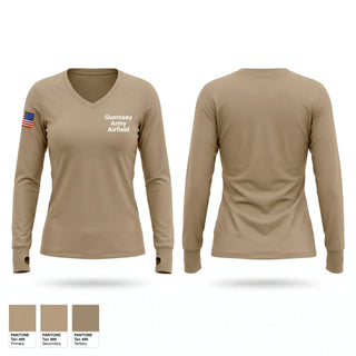 Womens Long Sleeve Vneck Shirt, Guernsey Army Airfield, National Guard, Teamtime, Team time, sublimation, custom sports apparel, team uniforms, spirit wear, spiritwear, sports uniforms, custom shirts, team store, custom team store, fundraiser sports, apparel fundraiser