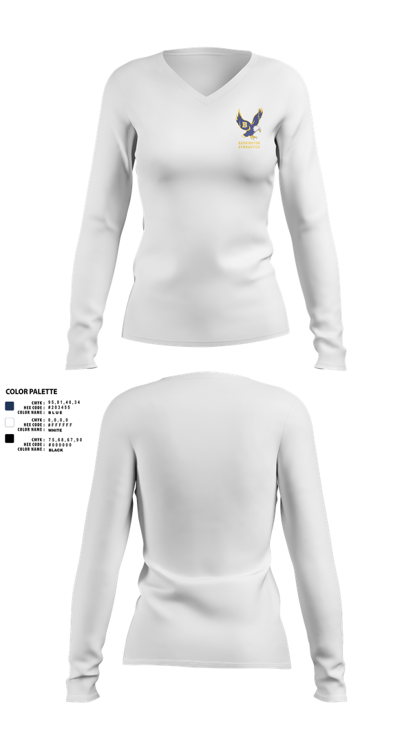 Womens Long Sleeve Vneck Shirt, Barrington High School Gymnastics, Spirit Store, Teamtime, Team time, sublimation, custom sports apparel, team uniforms, spirit wear, spiritwear, sports uniforms, custom shirts, team store, custom team store, fundraiser sports, apparel fundraiser