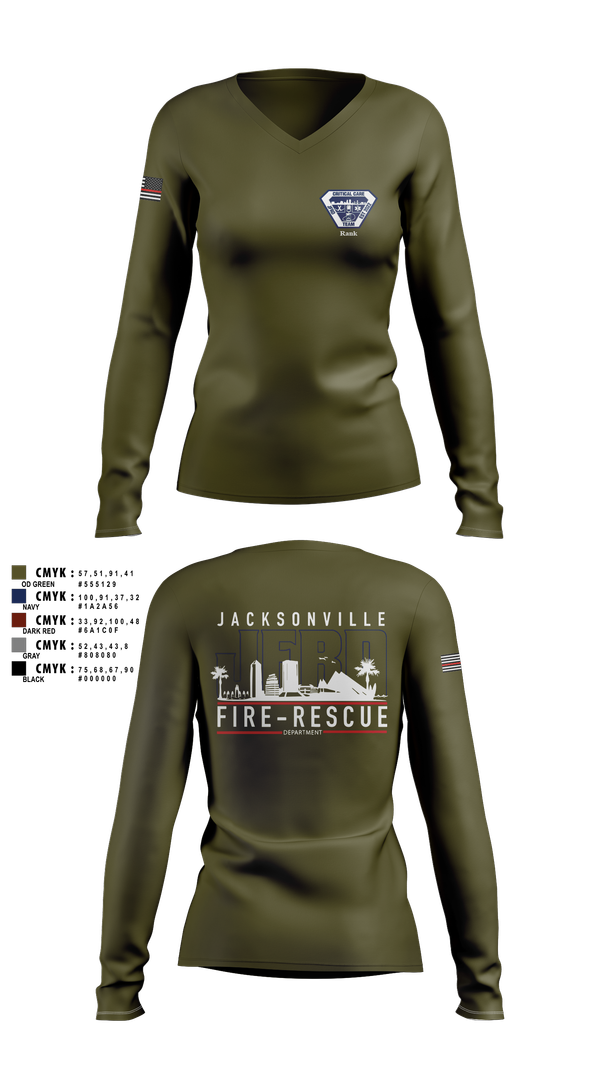 Womens Long Sleeve Vneck Shirt, JFRD Critical Care Team, Fire Department, Teamtime, Team time, sublimation, custom sports apparel, team uniforms, spirit wear, spiritwear, sports uniforms, custom shirts, team store, custom team store, fundraiser sports, apparel fundraiser