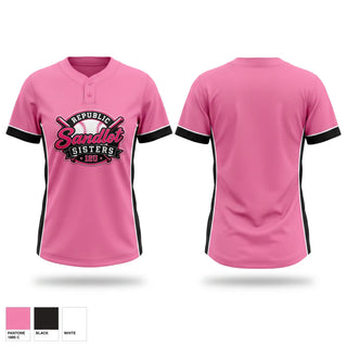 Two Button Softball Jersey, Republic Sandlot Sisters, Softball, Teamtime, Team time, sublimation, custom sports apparel, team uniforms, spirit wear, spiritwear, sports uniforms, custom shirts, team store, custom team store, fundraiser sports, apparel fundraiser